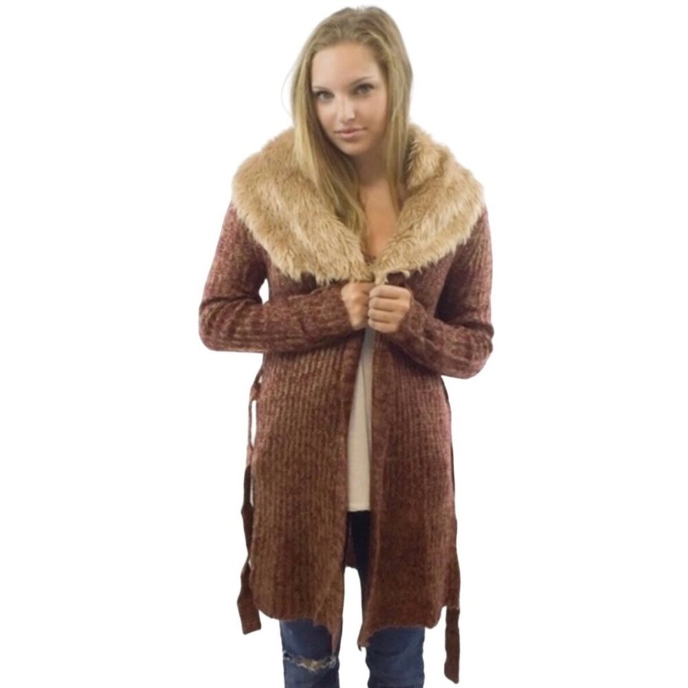 NWT Rust Removable Faux Fur Trim Tie Waist Longline Cardigan Knit | Old Money S - Picture 7 of 8